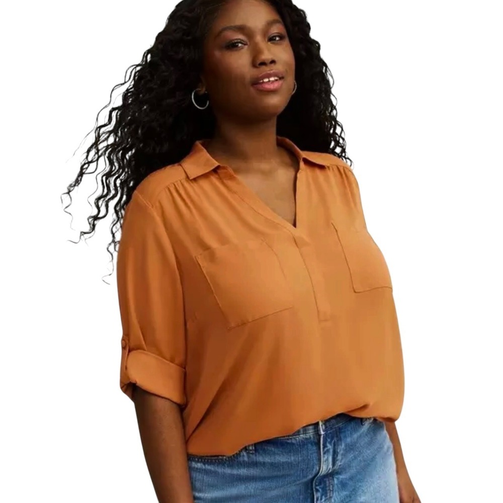 Torrid Harper Amber Brown Collared 3/4 Roll Sleeve Blouse Plus Size 3 3X NWT